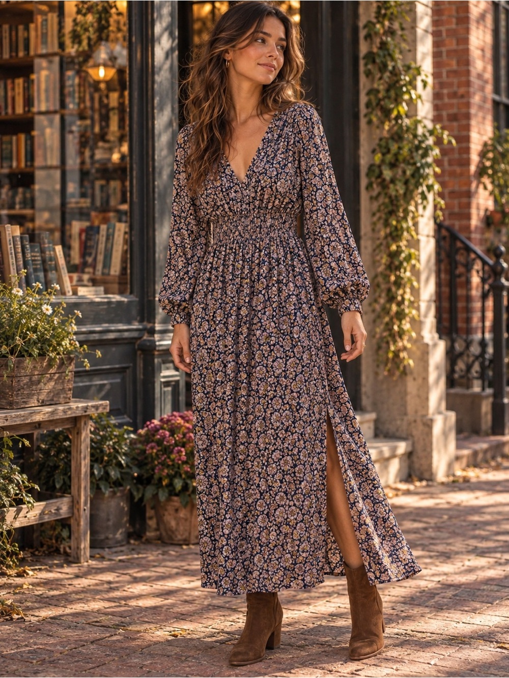 NWT Umgee Navy Floral Metallic Maxi Dress M Smocked Boho Long Sleeve